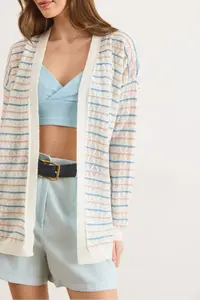 Olalook Women's White Color Striped Openwork Seasonal Knitwear Cardigan - Image 6