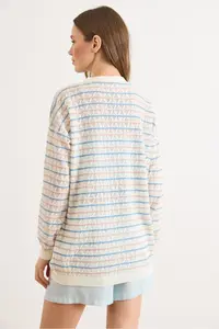 Olalook Women's White Color Striped Openwork Seasonal Knitwear Cardigan - Image 7