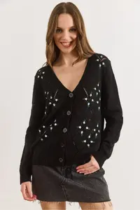 Olalook Women Black Embroidered Short Knitwear Cardigan