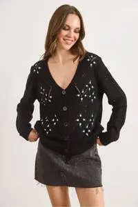 Olalook Women Black Embroidered Short Knitwear Cardigan - Image 3