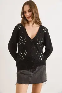 Olalook Women Black Embroidered Short Knitwear Cardigan - Image 4