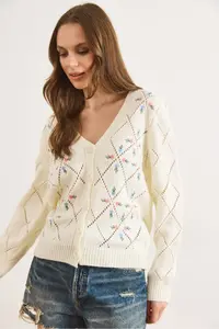Olalook Women White Embroidered Short Knitwear Cardigan - Image 5