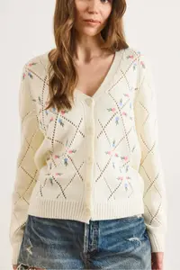 Olalook Women White Embroidered Short Knitwear Cardigan - Image 6