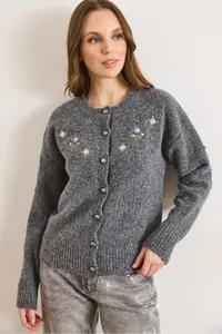 Olalook Women's Anthracite Embroidered Button Detailed Soft Textured Cardigan - Image 2