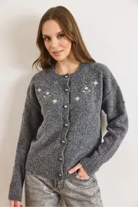 Olalook Women's Anthracite Embroidered Button Detailed Soft Textured Cardigan - Image 3