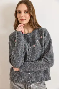Olalook Women's Anthracite Embroidered Button Detailed Soft Textured Cardigan - Image 4