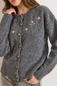 Olalook Women's Anthracite Embroidered Button Detailed Soft Textured Cardigan - Image 5