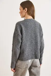 Olalook Women's Anthracite Embroidered Button Detailed Soft Textured Cardigan - Image 6