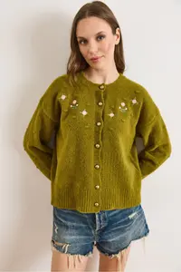 Olalook Women's Oil Green Embroidered Button Detailed Soft Textured Cardigan - Image 2