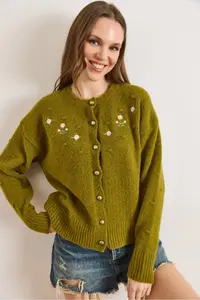Olalook Women's Oil Green Embroidered Button Detailed Soft Textured Cardigan - Image 3