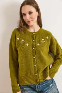Olalook Women's Oil Green Embroidered Button Detailed Soft Textured Cardigan - Image 4