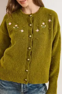 Olalook Women's Oil Green Embroidered Button Detailed Soft Textured Cardigan - Image 5