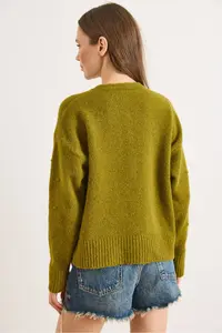 Olalook Women's Oil Green Embroidered Button Detailed Soft Textured Cardigan - Image 6