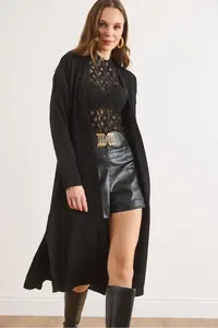 Olalook Women's Black Side Slit Ribbed Full Knitwear Cardigan - Image 3