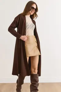 Olalook Women's Brown Side Slit Ribbed Full Knitwear Cardigan