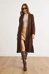 Olalook Women's Brown Side Slit Ribbed Full Knitwear Cardigan - Image 2