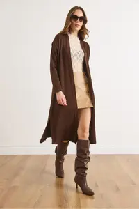 Olalook Women's Brown Side Slit Ribbed Full Knitwear Cardigan - Image 3