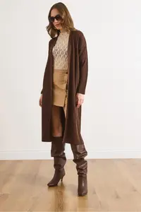 Olalook Women's Brown Side Slit Ribbed Full Knitwear Cardigan - Image 4