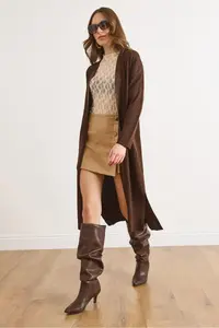 Olalook Women's Brown Side Slit Ribbed Full Knitwear Cardigan - Image 5