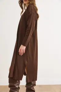 Olalook Women's Brown Side Slit Ribbed Full Knitwear Cardigan - Image 6