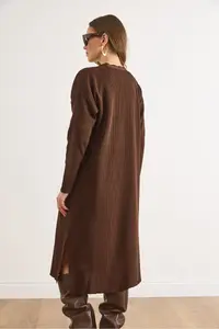 Olalook Women's Brown Side Slit Ribbed Full Knitwear Cardigan - Image 7
