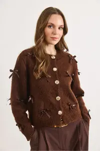 Olalook Women's Brown Bow Detailed Raised Knitwear Cardigan - Image 2