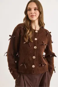 Olalook Women's Brown Bow Detailed Raised Knitwear Cardigan - Image 3