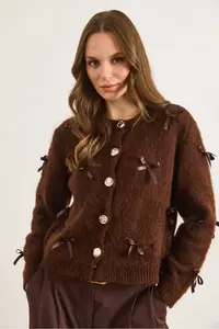 Olalook Women's Brown Bow Detailed Raised Knitwear Cardigan - Image 4