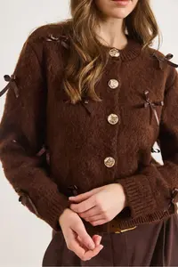 Olalook Women's Brown Bow Detailed Raised Knitwear Cardigan - Image 5