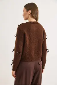 Olalook Women's Brown Bow Detailed Raised Knitwear Cardigan - Image 6