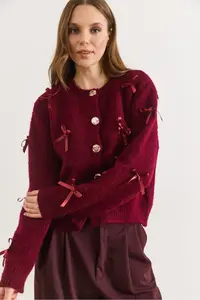 Olalook Women's Burgundy Bow Detailed Raised Knitwear Cardigan