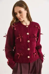 Olalook Women's Burgundy Bow Detailed Raised Knitwear Cardigan - Image 2