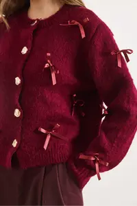 Olalook Women's Burgundy Bow Detailed Raised Knitwear Cardigan - Image 4