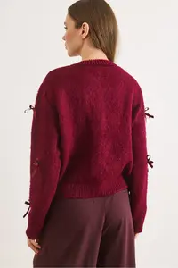 Olalook Women's Burgundy Bow Detailed Raised Knitwear Cardigan - Image 5