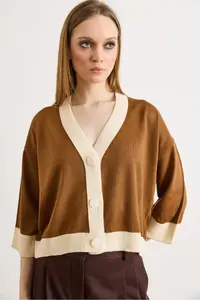 Olalook Women's Camel Hair Color Block Bone Buttoned Seasonal Cardigan