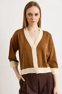 Olalook Women's Camel Hair Color Block Bone Buttoned Seasonal Cardigan - Image 2