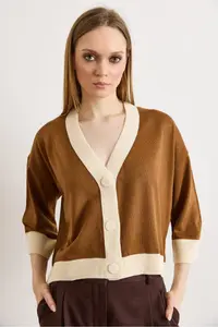 Olalook Women's Camel Hair Color Block Bone Buttoned Seasonal Cardigan - Image 3