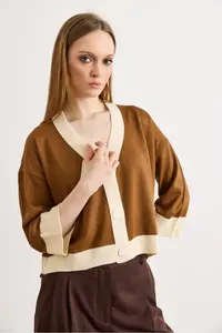 Olalook Women's Camel Hair Color Block Bone Buttoned Seasonal Cardigan - Image 4