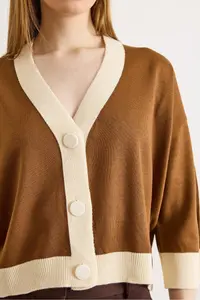Olalook Women's Camel Hair Color Block Bone Buttoned Seasonal Cardigan - Image 5