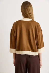 Olalook Women's Camel Hair Color Block Bone Buttoned Seasonal Cardigan - Image 6
