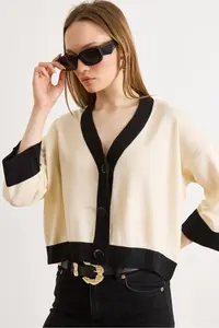 Olalook Women's Ecru Black Color Block Bone Buttoned Seasonal Cardigan
