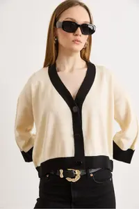 Olalook Women's Ecru Black Color Block Bone Buttoned Seasonal Cardigan - Image 2