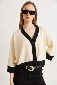 Olalook Women's Ecru Black Color Block Bone Buttoned Seasonal Cardigan - Image 3
