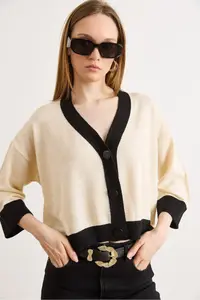 Olalook Women's Ecru Black Color Block Bone Buttoned Seasonal Cardigan - Image 4