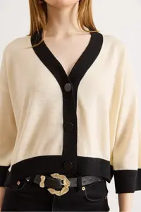Olalook Women's Ecru Black Color Block Bone Buttoned Seasonal Cardigan - Image 5