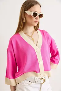 Olalook Women's Fuchsia Color Block Bone Buttoned Seasonal Cardigan