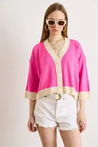 Olalook Women's Fuchsia Color Block Bone Buttoned Seasonal Cardigan - Image 2