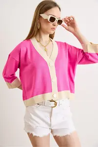 Olalook Women's Fuchsia Color Block Bone Buttoned Seasonal Cardigan - Image 3