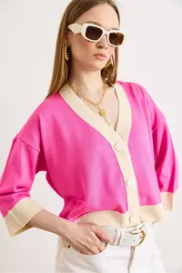 Olalook Women's Fuchsia Color Block Bone Buttoned Seasonal Cardigan - Image 4