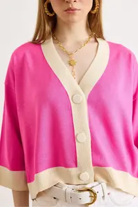 Olalook Women's Fuchsia Color Block Bone Buttoned Seasonal Cardigan - Image 5